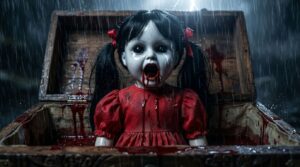 Black crow with glowing red eyes in Peekaboo trailer scene