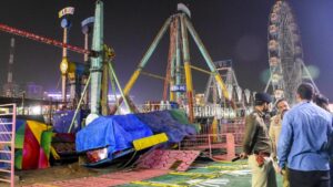 Police personnel at the spot after a swing fell down at Surajkund fair, in Faridabad, Haryana, on February 7, 2026. | Photo Credit: PTI